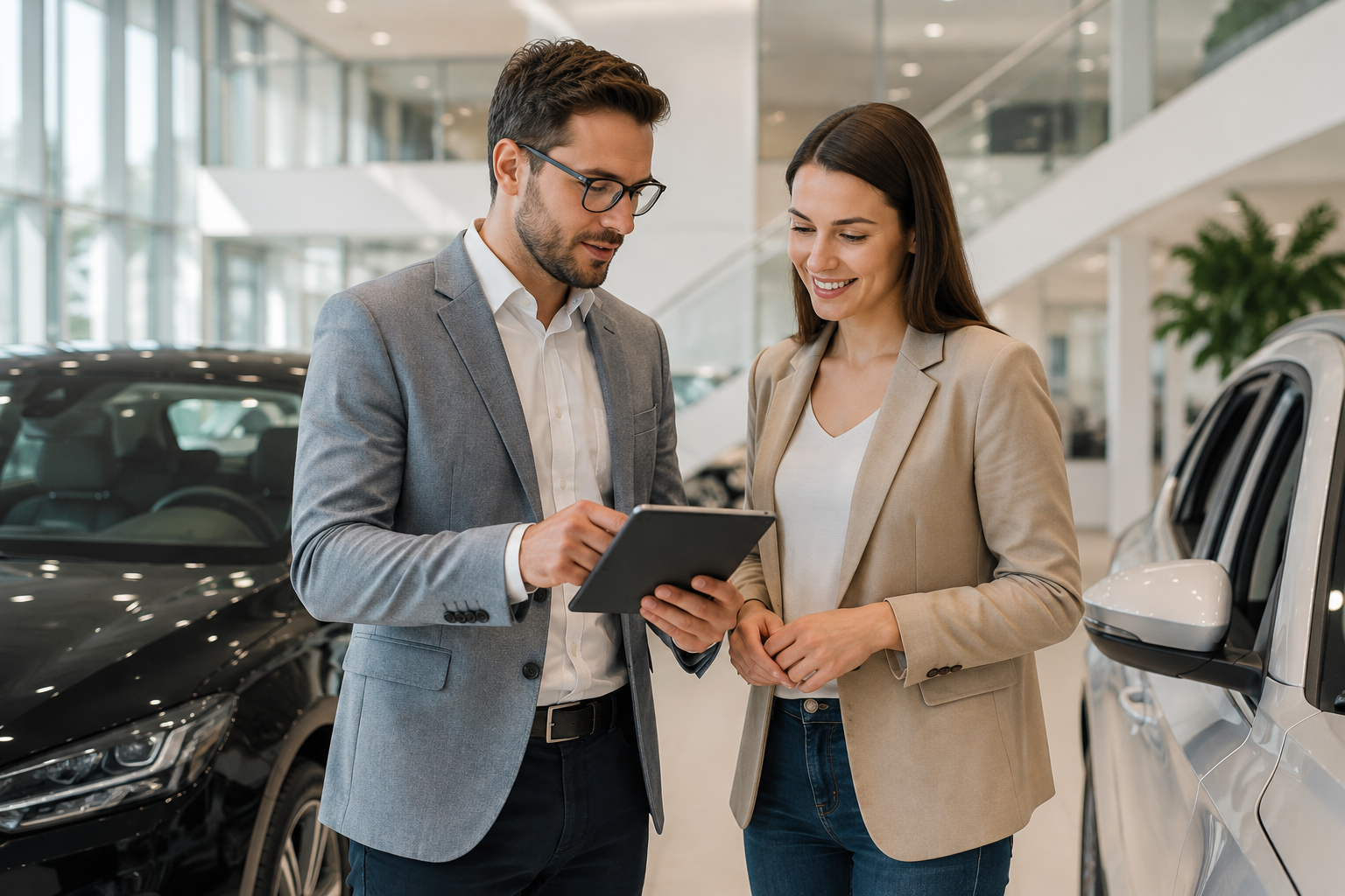 Doradca GO-auto pokazuje klientce ofertę na tablecie w salonie samochodowym
