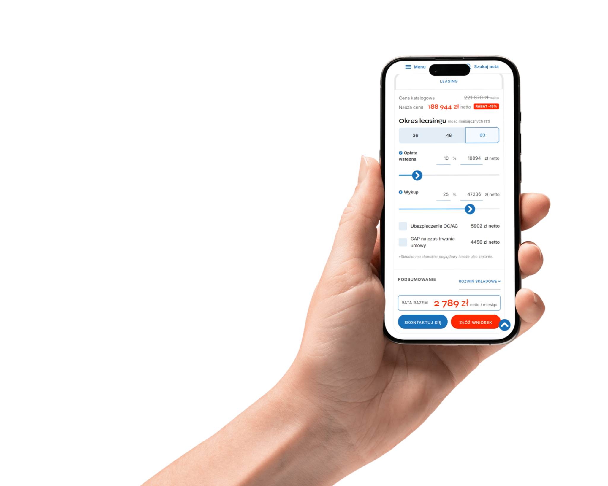 Kalkulator leasingu GO-auto na smartfonie