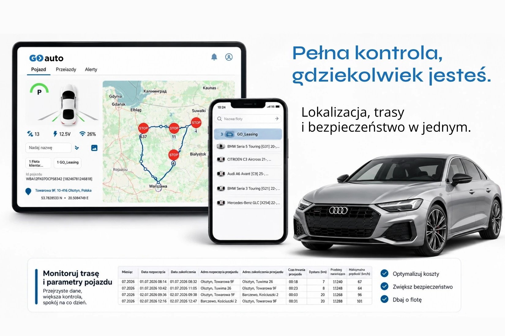 Aplikacja GPS z lokalizacją samochodu na mapie