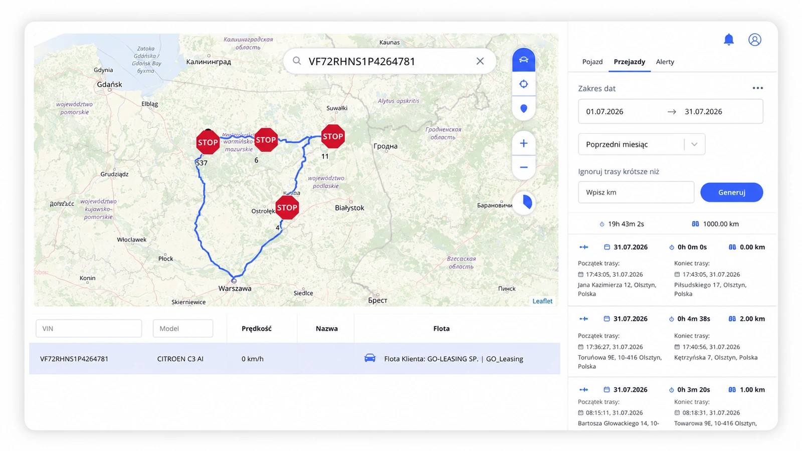 Historia przejazdów i trasa samochodu w aplikacji GPS