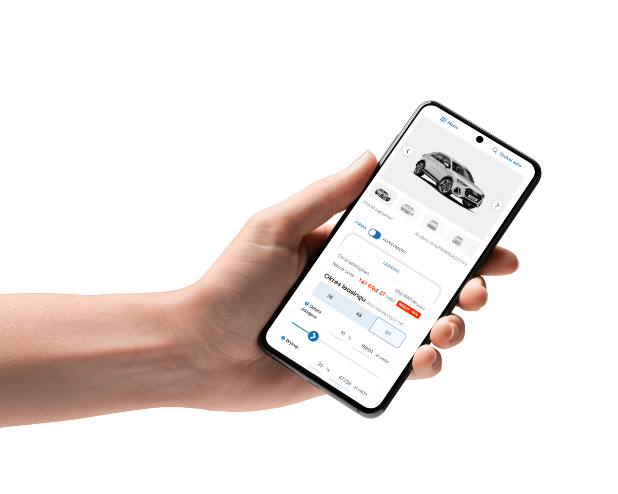 Oferta samochodu GO-auto na ekranie telefonu
